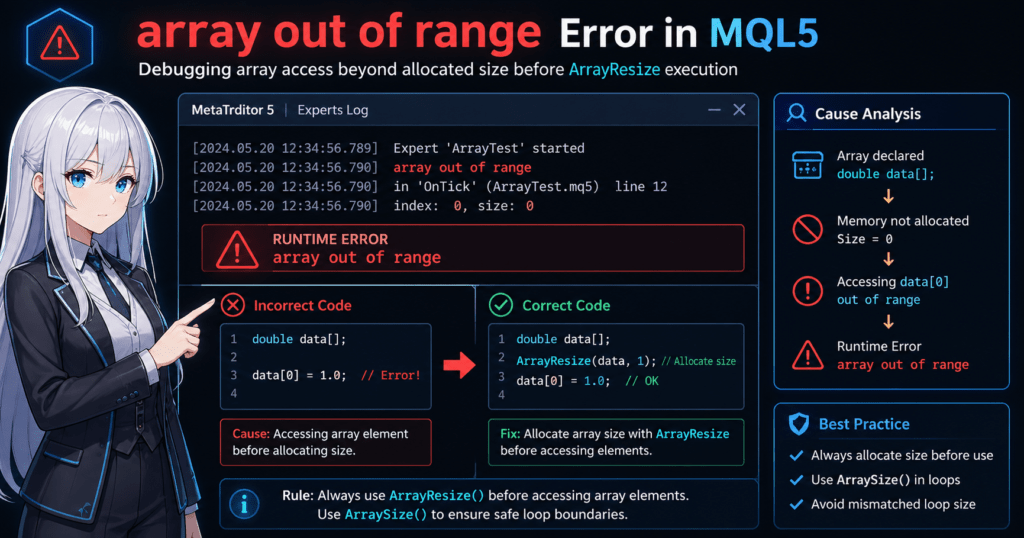 MQL5 array out of range error explained: debugging array access beyond allocated size before ArrayResize, with MetaTrader terminal error log, incorrect vs correct code examples, and cause analysis of dynamic array memory allocation.