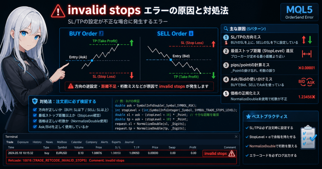 Invalid stops error in MQL5 shown in MetaTrader terminal with BUY/SELL SL and TP direction rules, StopLevel distance constraints, and code validation steps for OrderSend to prevent trade execution failure