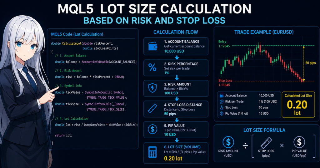 MQL5 lot size calculation diagram showing how to compute trade volume from account balance, risk percentage, and stop loss distance, including code example, calculation flow, and EURUSD trade chart with 50 pips stop loss