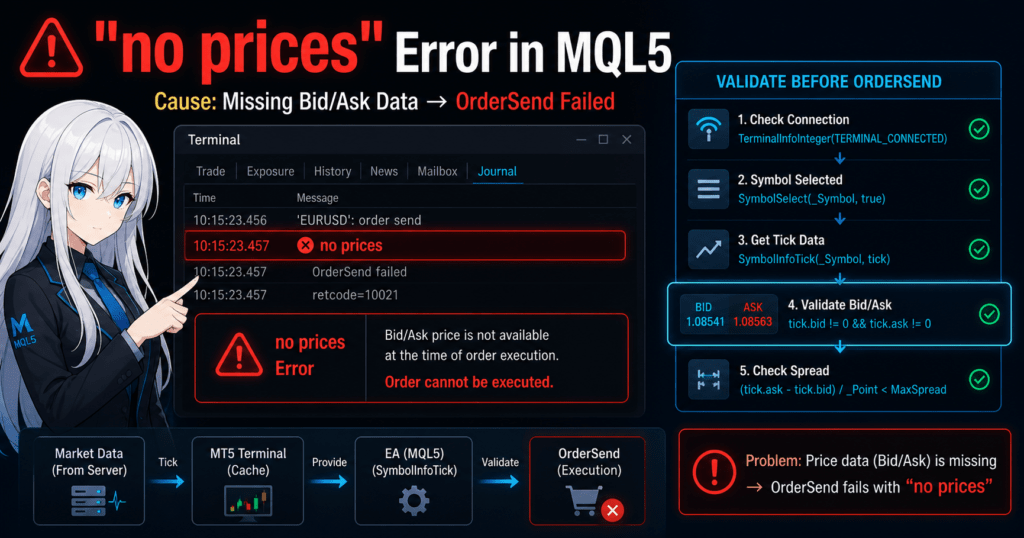 MQL5 "no prices" error example showing OrderSend failure caused by missing Bid/Ask data, with terminal log, validation checklist, and execution flow diagram for trade readiness