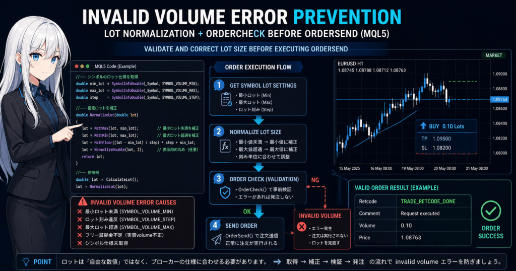 MQL5 invalid volume error prevention diagram showing lot normalization and OrderCheck validation before OrderSend, including SYMBOL_VOLUME_MIN, SYMBOL_VOLUME_MAX, SYMBOL_VOLUME_STEP constraints and execution flow from lot calculation to trade order success