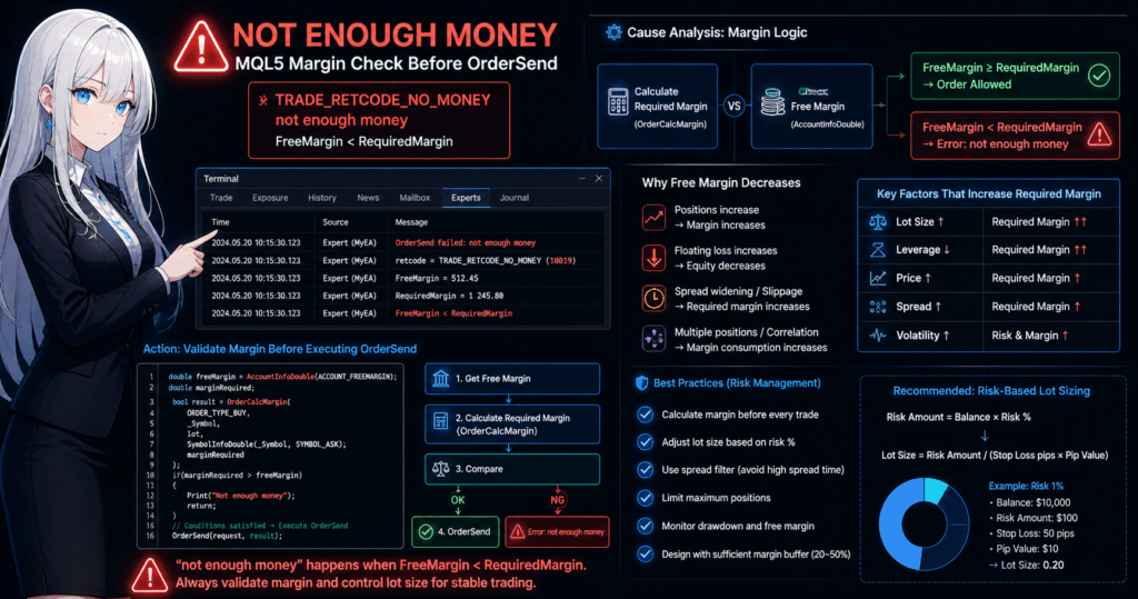 MQL5 not enough money error explained with margin check logic, showing FreeMargin vs RequiredMargin validation before OrderSend and risk management flow in MetaTrader terminal