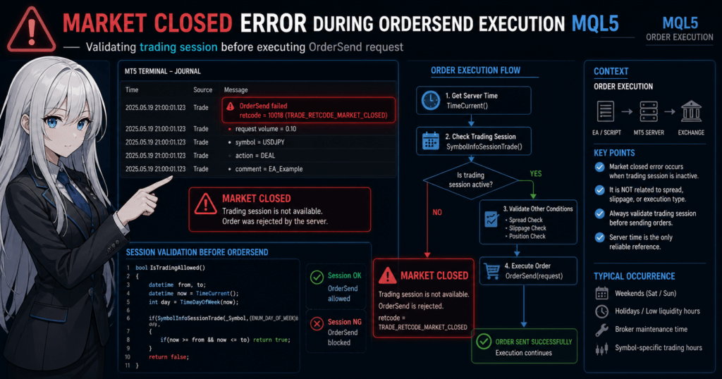 MQL5 market closed error during OrderSend execution in MetaTrader 5, showing terminal journal log with TRADE_RETCODE_MARKET_CLOSED, trading session validation flow, and code example for checking trading hours before executing trade orders.