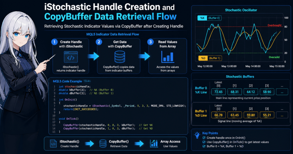 MQL5 iStochastic indicator data retrieval flow showing handle creation, CopyBuffer usage, and stochastic %K and %D buffer values on a trading chart with code example for EA development