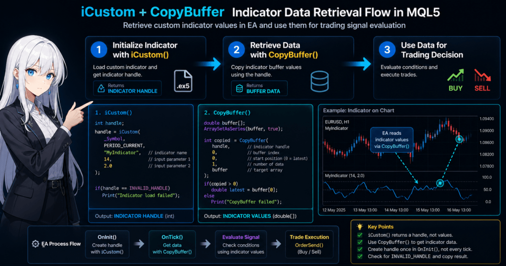 MQL5 iCustom and CopyBuffer workflow diagram showing how an Expert Advisor retrieves custom indicator data via indicator handle initialization and buffer extraction, then evaluates trading signals using chart-based indicator values.
