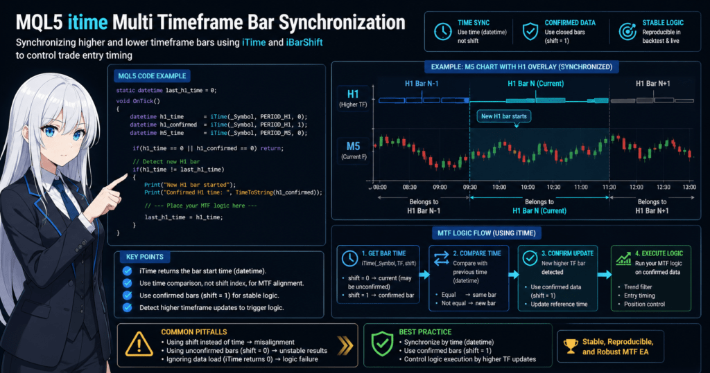 MQL5 iTime multi timeframe synchronization diagram showing how to align H1 and M5 bars using datetime, iBarShift mapping, and confirmed bar logic to ensure reproducible EA trade execution timing