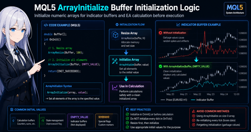 MQL5 ArrayInitialize example showing buffer initialization flow using ArrayResize and ArrayInitialize for EA and indicator buffers, with comparison of uninitialized data causing errors vs properly initialized trading chart output