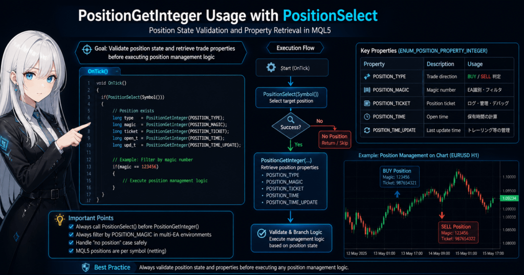 MQL5 PositionGetInteger usage with PositionSelect showing execution flow for validating open positions, retrieving trade properties like POSITION_TYPE and POSITION_MAGIC, and managing BUY/SELL positions in MetaTrader with code and chart visualization