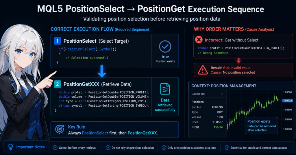 MQL5 PositionSelect and PositionGet execution flow diagram showing correct sequence to select a position before retrieving data, with error example when PositionSelect is missing causing zero or invalid values in MetaTrader position management