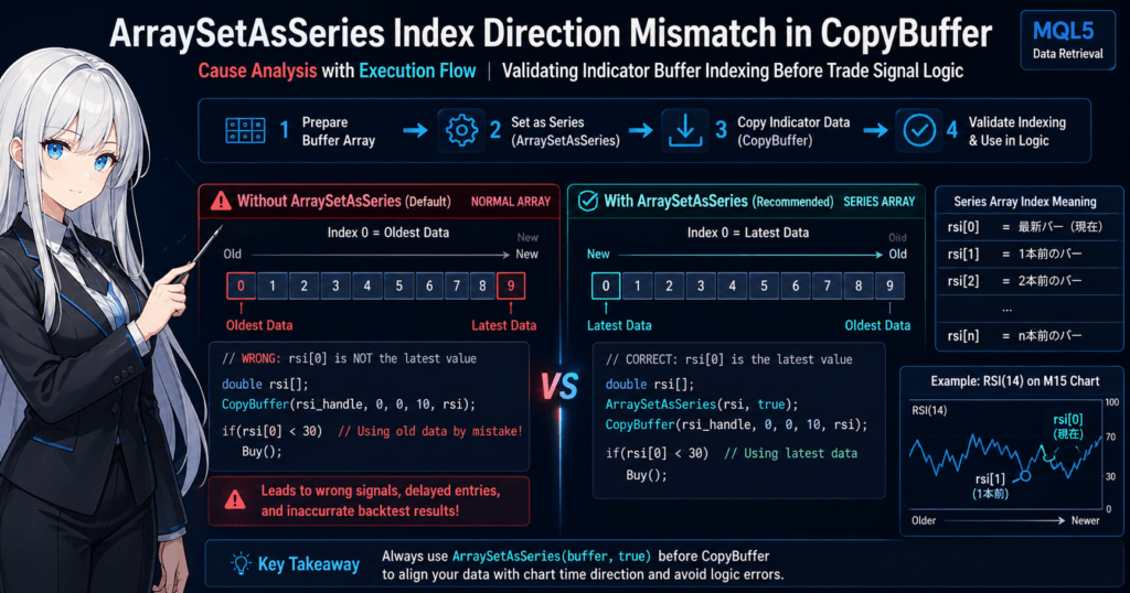 MQL5 ArraySetAsSeries vs default array indexing in CopyBuffer data retrieval, showing how incorrect index direction causes trading signal errors. Diagram compares normal array (oldest data at index 0) and series array (latest data at index 0), with code examples and RSI indicator chart explaining correct buffer indexing for accurate EA trade execution.