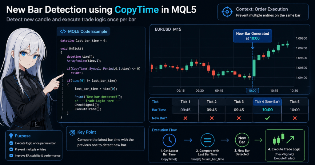 New bar detection using CopyTime in MQL5: code example compares latest bar time to previous value, identifies candle change, and executes trade logic once per bar to prevent multiple entries on the same candle, shown with trading chart and execution flow diagram.