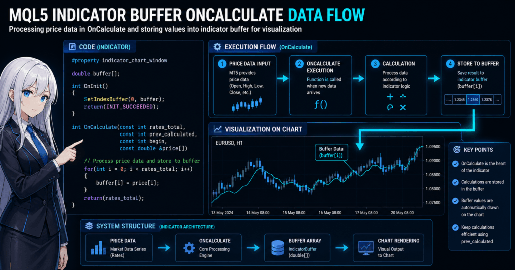MQL5 indicator data flow diagram showing how price data is processed in OnCalculate, calculated values are stored in an indicator buffer, and visualized on a trading chart, with code example using SetIndexBuffer and buffer[i] assignment, highlighting execution flow and system structure for MetaTrader 5 custom indicator development.