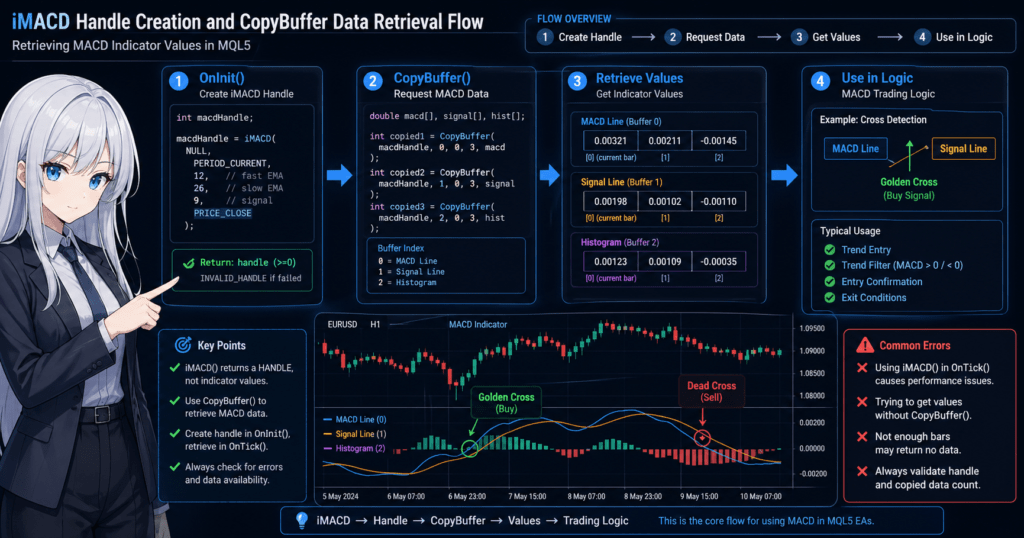MQL5 iMACD handle creation and CopyBuffer workflow diagram showing how to retrieve MACD indicator values and use them for trading logic