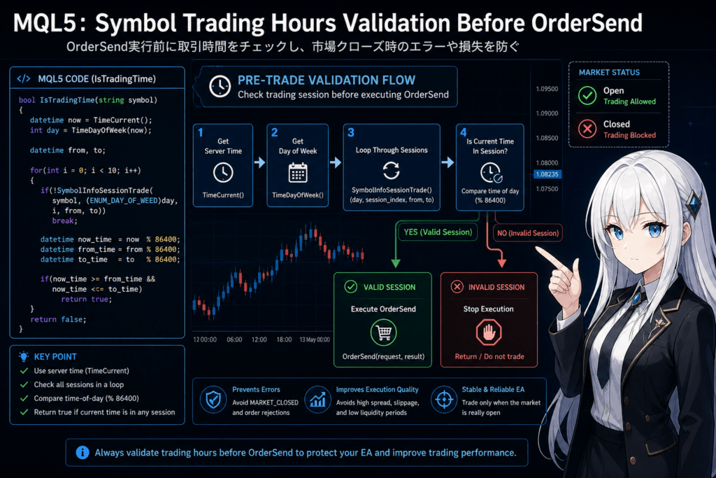 MQL5 OrderSend execution flow with symbol trading hours validation, showing pre-trade session check logic that blocks orders when the market is closed and allows execution only during valid trading sessions, illustrated with code and chart overlay and directional arrows for decision flow