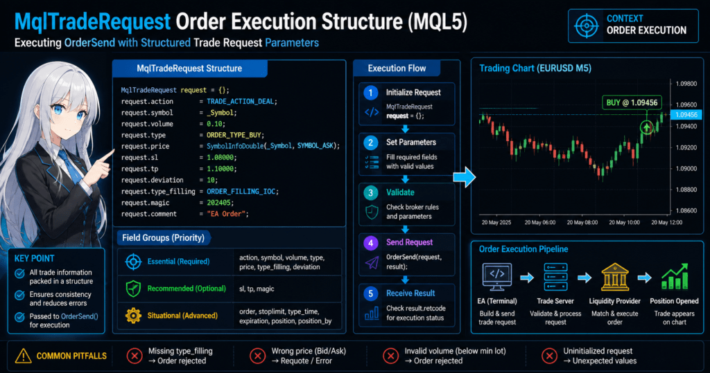 MQL5 MqlTradeRequest order execution structure diagram showing how structured trade parameters are passed to OrderSend, including action, symbol, volume, price, type, and type_filling, with execution flow from request initialization to trade server processing and position opening on a trading chart interface, highlighting system structure and execution flow with layered components and arrows