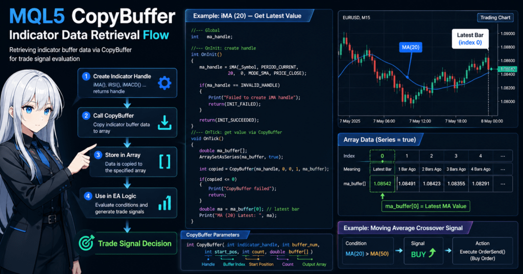 MQL5 CopyBuffer indicator data retrieval flow diagram showing how an EA creates an indicator handle, uses CopyBuffer to extract buffer values into an array, and applies the latest and previous bar data for trade signal evaluation on a trading chart, with code example and array index mapping (series mode) highlighting execution flow and signal processing logic.