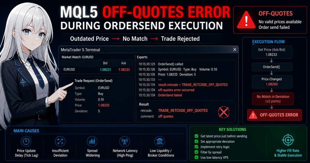 MQL5 off-quotes error during OrderSend execution showing outdated price causing trade rejection, terminal log with TRADE_RETCODE_OFF_QUOTES, and execution flow from price retrieval to failed order