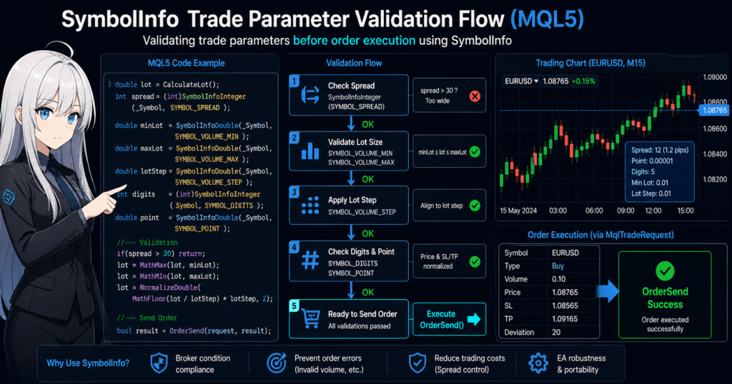 MQL5 SymbolInfo trade parameter validation flow showing spread check, lot size adjustment, and order execution logic before OrderSend in MetaTrader 5