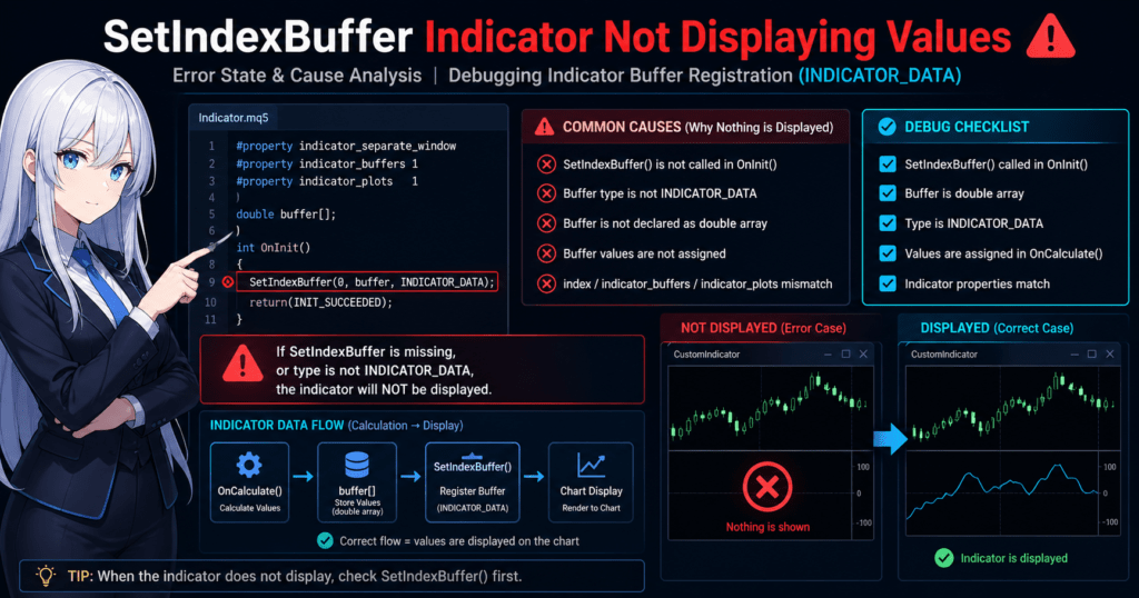 MQL5 SetIndexBuffer error: indicator not displaying values due to missing INDICATOR_DATA assignment or incorrect buffer registration in OnInit, with debugging checklist, code example, and comparison of non-displayed vs correctly displayed chart output.