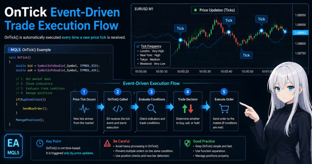 MQL5 OnTick event-driven execution flow showing how price ticks trigger trade logic, condition evaluation, and order execution in MetaTrader 5 Expert Advisor