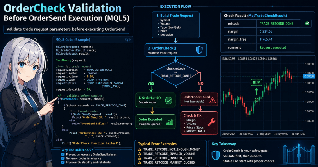 MQL5 OrderCheck validation flow before OrderSend execution, showing trade request parameters validation, retcode check (TRADE_RETCODE_DONE), and branching between successful order execution and error handling in automated trading systems