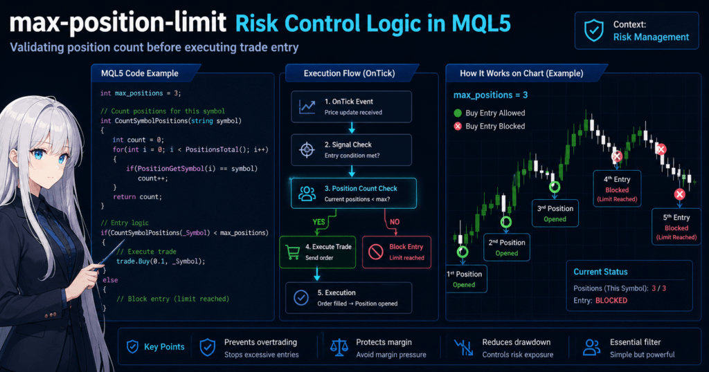 MQL5 max position limit risk control logic diagram showing how an Expert Advisor validates current position count before executing a trade entry, with OnTick execution flow, code example, and chart illustrating blocked entries when the position limit is reached