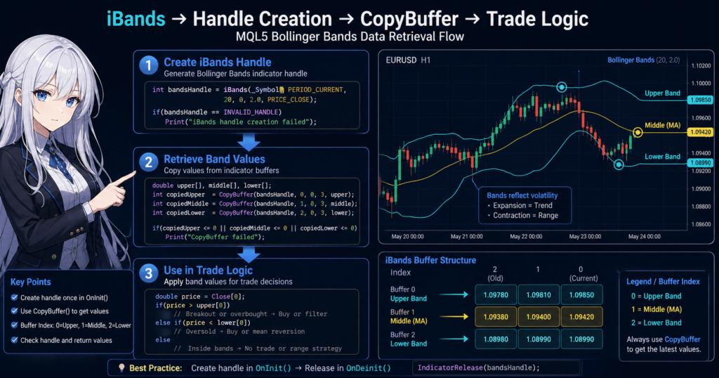 MQL5 iBands indicator workflow diagram showing how to create an indicator handle in OnInit, retrieve Bollinger Bands values using CopyBuffer (upper, middle, lower buffers), and apply them to trading logic decisions on a MetaTrader chart with code and data flow arrows.
