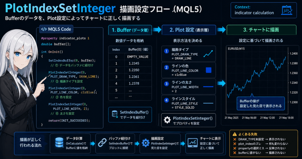 MQL5 PlotIndexSetInteger drawing configuration flow showing how buffer data is linked to plot settings and rendered on a trading chart, including DRAW_TYPE, color, width, and common reasons why indicators do not display