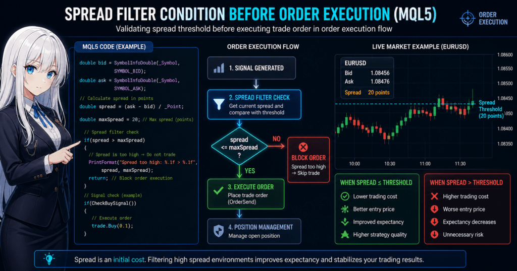 MQL5 spread filter before order execution: validating bid-ask spread threshold to block high-cost trades and allow low-spread entries, with execution flow from signal generation to OrderSend and spread comparison logic