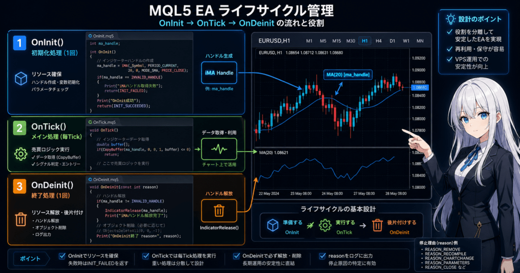 MQL5 OnInit OnTick OnDeinit lifecycle diagram showing indicator handle initialization, tick-based execution, and resource release in MetaTrader 5 Expert Advisor system architecture