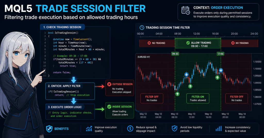 MQL5 trade session filter example showing how Expert Advisor controls order execution by allowed trading hours, with OnTick flow, IsTradingSession function, and trading chart highlighting active and blocked time ranges