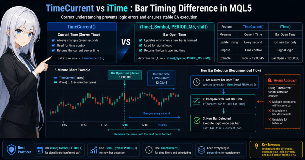 MQL5 TimeCurrent vs iTime bar timing difference diagram showing how TimeCurrent returns continuously changing server time while iTime returns fixed bar open time, with chart example illustrating new bar detection logic, correct comparison method for entry timing control, and common error of using TimeCurrent for bar-based signal processing in MetaTrader 5 EA development.