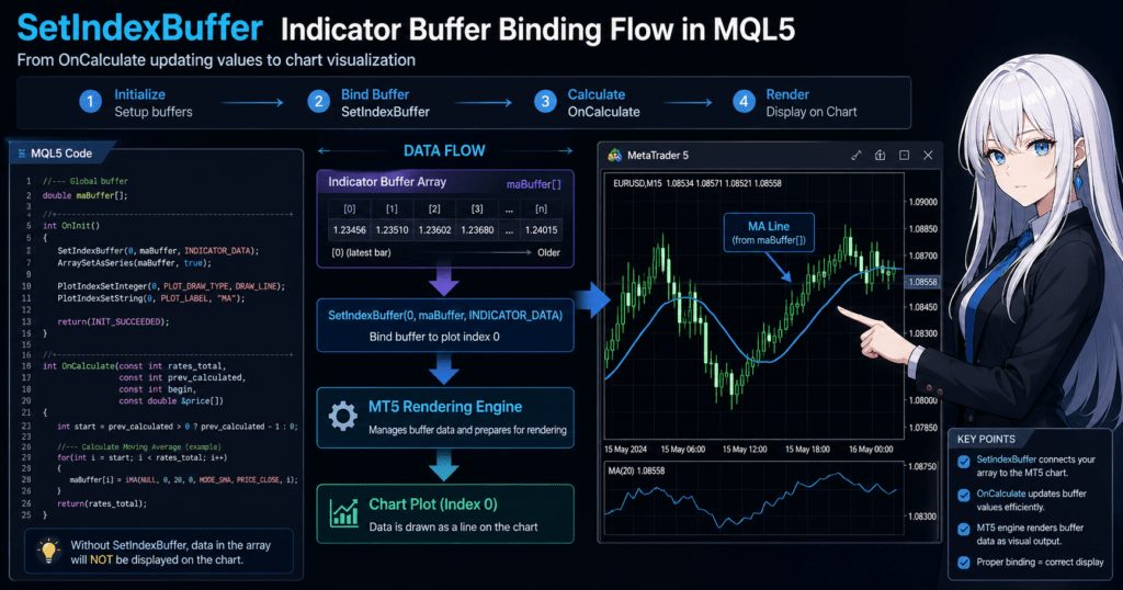 Diagram showing how SetIndexBuffer in MQL5 binds an indicator buffer array to the MetaTrader chart, illustrating the execution flow from OnCalculate updating buffer values to rendering plotted lines on the chart.