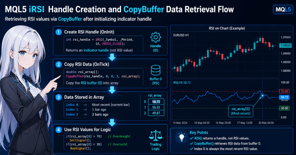 MQL5 iRSI indicator workflow diagram showing handle creation with iRSI, retrieving RSI values using CopyBuffer, storing data in arrays, and applying RSI values (70 overbought, 30 oversold) on a trading chart for EA signal logic