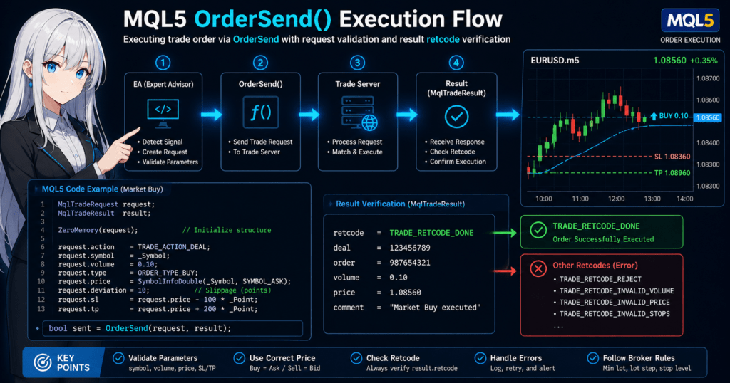 MQL5 OrderSend execution flow diagram showing how an Expert Advisor creates a MqlTradeRequest, sends it to the trade server, and validates the MqlTradeResult using retcode, with Buy/Sell price handling (Ask/Bid), SL/TP levels, and error cases such as invalid volume or invalid price.
