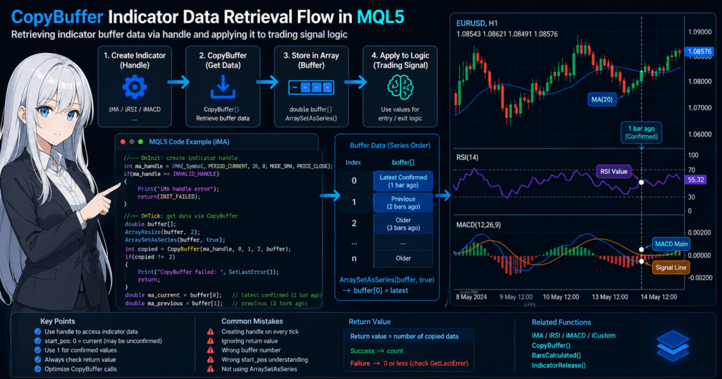 MQL5 CopyBuffer data retrieval flow showing indicator handle creation, buffer array extraction, and trading signal logic using moving average, RSI, and MACD on a trading chart