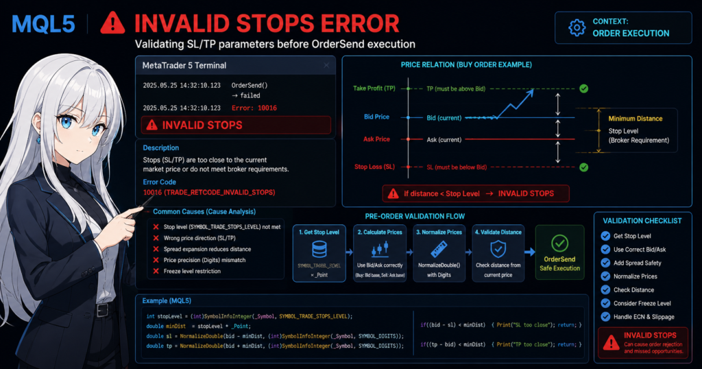 MQL5 invalid stops error diagram showing SL/TP validation before OrderSend execution, including stop level minimum distance rules, Bid/Ask price positioning for buy orders, NormalizeDouble price precision, and pre-trade validation flow in MetaTrader 5 terminal with highlighted error conditions