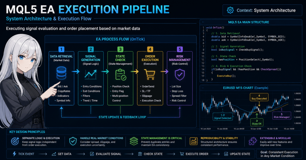 MQL5 Expert Advisor execution pipeline diagram showing system architecture and execution flow, including data retrieval, signal generation, state management, order execution, and risk control, with code example and trading chart illustrating how market data triggers signal evaluation and automated order placement in MetaTrader 5.