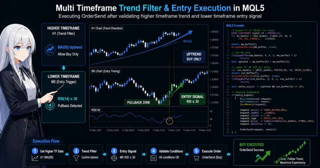 Multi timeframe MQL5 trading strategy diagram showing higher timeframe (H1) trend filter using MA50 and lower timeframe (M5) entry signal using RSI ≤ 30, with code example executing OrderSend after validation, including execution flow from trend detection to buy order on trading chart.
