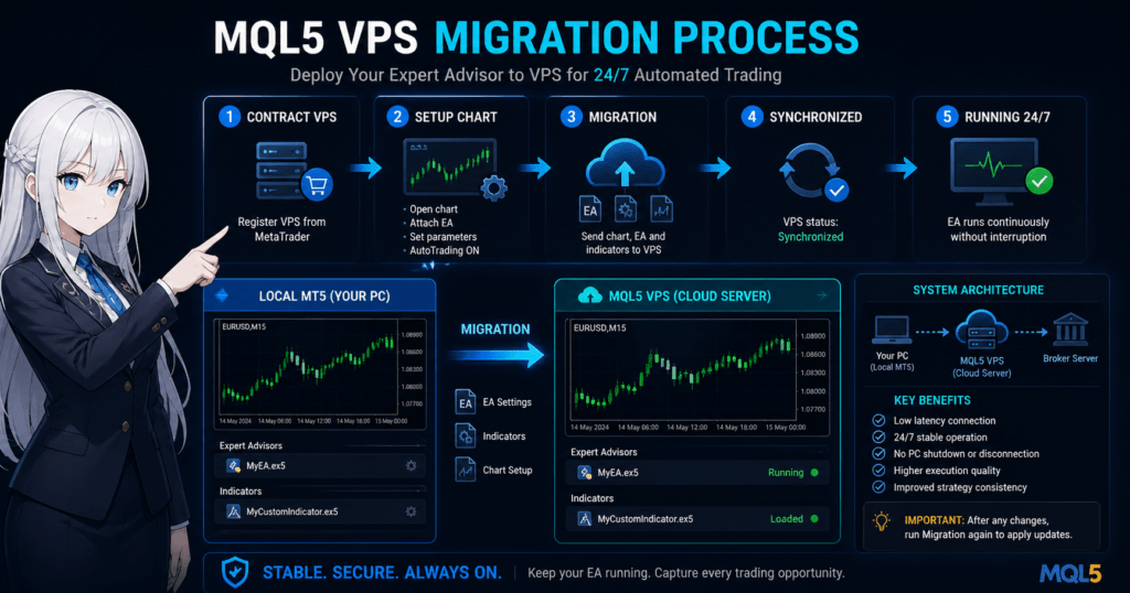 MQL5 VPS migration process for Expert Advisor deployment showing local MetaTrader setup, EA and indicator transfer, synchronized VPS execution, and continuous 24/7 automated trading workflow