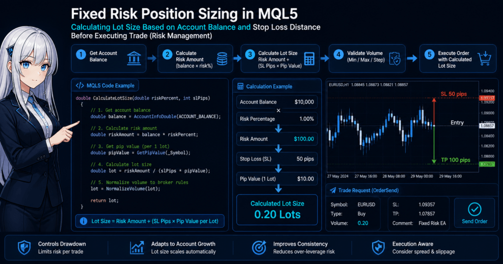 MQL5 fixed risk position sizing diagram showing lot size calculation from account balance and stop loss distance, including execution flow, risk management logic, code example, and trade chart with SL and TP visualization