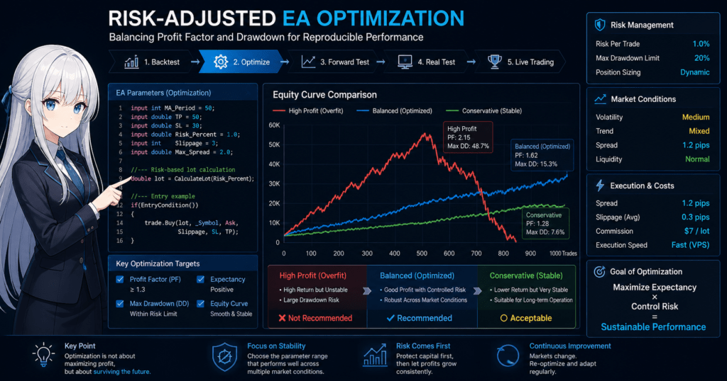 Risk-adjusted EA optimization in MQL5 showing equity curve comparison between overfitted high-profit strategy and balanced stable strategy, highlighting profit factor vs drawdown trade-off, with code snippet for parameter tuning and risk management settings including spread, slippage, and execution conditions.