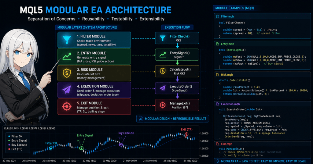MQL5 modular EA architecture diagram showing separated entry, filter, risk, and execution modules with trading chart and OrderSend execution flow