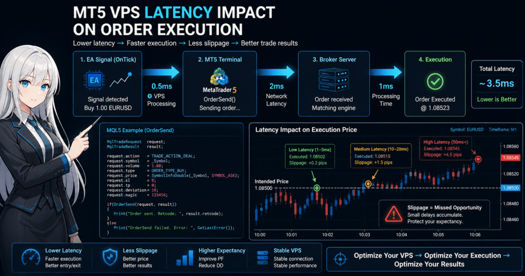 Technical diagram of MT5 VPS optimization showing how latency affects order execution: EA OnTick signal flows through MetaTrader 5 to broker server, with arrows highlighting execution delay, MQL5 OrderSend code snippet, and trading chart comparing slippage under low and high latency conditions.