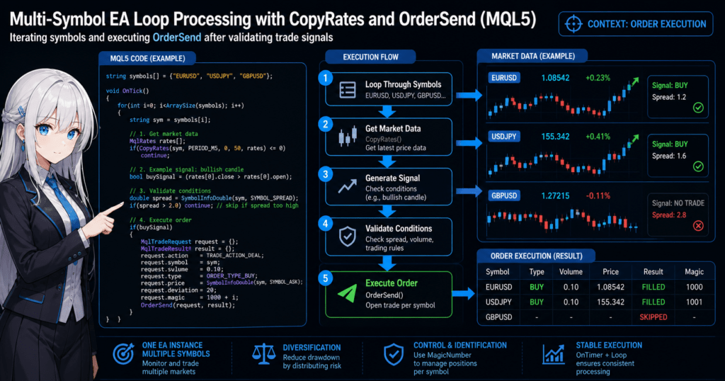 Multi-symbol EA loop processing in MQL5 showing execution flow from CopyRates data retrieval to OrderSend trade execution across EURUSD, USDJPY, and GBPUSD, with signal validation, spread filtering, and MagicNumber-based position control visualized through code and trading charts.
