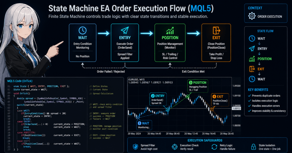 MQL5 state machine EA order execution flow showing WAIT, ENTRY, POSITION, and EXIT states, with OrderSend execution, spread filtering, position management, and state transitions visualized alongside trading chart and code logic for MetaTrader 5 Expert Advisor development