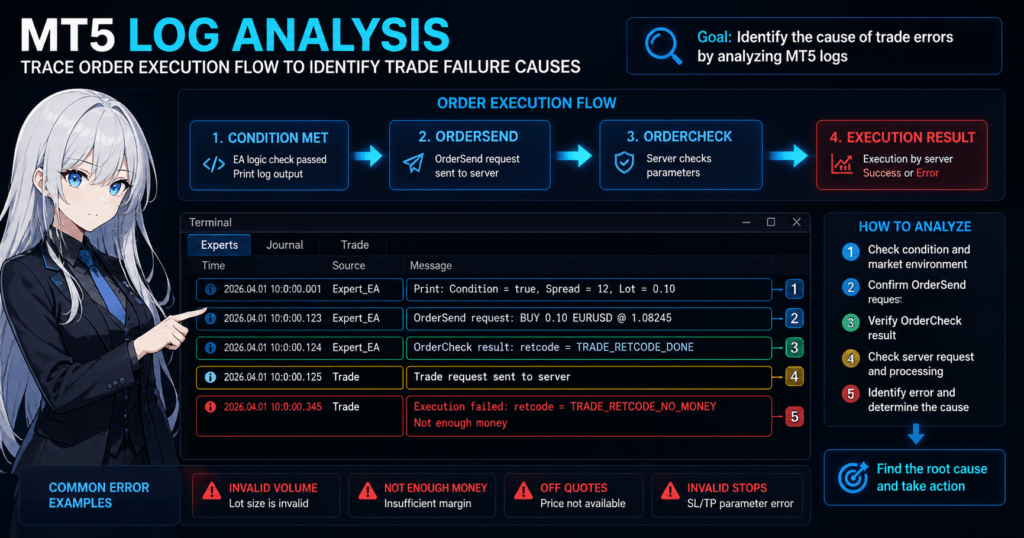 MT5 log analysis showing OrderSend execution flow and trade error diagnosis, including Experts log, OrderCheck process, and execution failure (not enough money) in MetaTrader 5