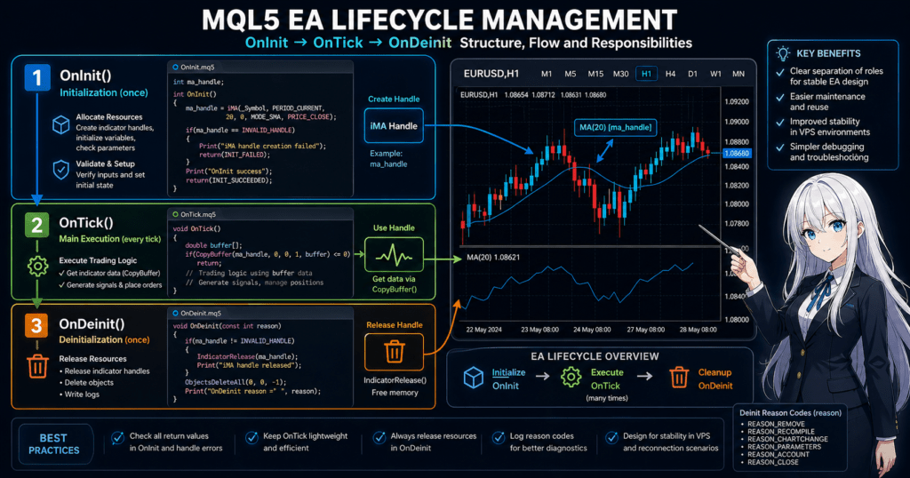 MQL5 OnInit OnTick OnDeinit lifecycle diagram showing indicator handle initialization, tick-based execution, and resource release in MetaTrader 5 Expert Advisor system architecture