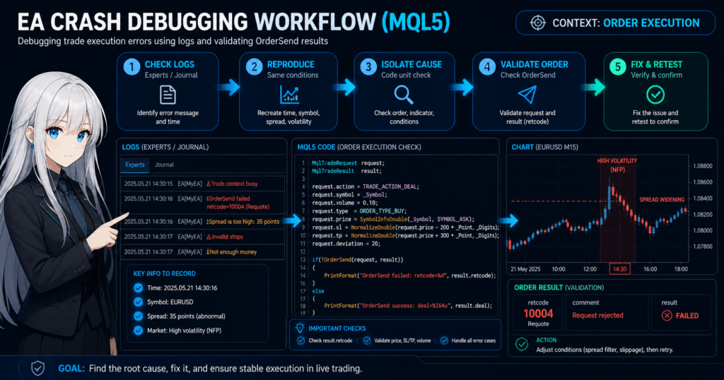 MQL5 EA crash debugging workflow showing trade execution errors, OrderSend failure retcode validation, Experts and Journal logs analysis, and step-by-step fix process for stable MetaTrader order execution