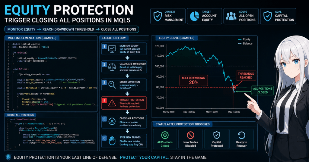 MQL5 equity protection execution flow showing how an Expert Advisor monitors account equity, compares it to a drawdown threshold, and automatically closes all open positions to prevent account loss; includes code snippet, step-by-step logic diagram, and trading chart highlighting threshold breach and forced position closure.